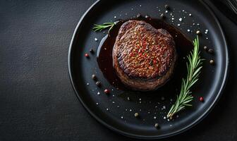 A piece of meat with a black plate and some herbs on it photo