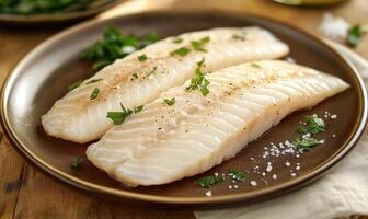 Two pieces of fish are on a plate with parsley and salt photo