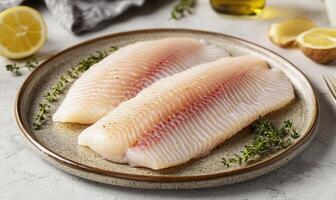 Two fish fillets are on a white plate with parsley and lemon slices photo