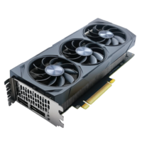 High-performance graphics card with triple fans for gaming and rendering isolated on transparent background cutout png