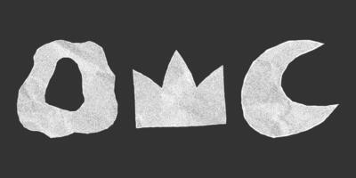 Set of funky retro cartoon stickers made from crumpled and torn paper with jagged edges. Includes crown, moon and squiggles with gritty scrapbook texture. vector