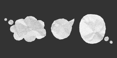 Crumpled paper dialogue bubbles with torn notebook sheet edges. Isolated banner elements, gritty dotted texture and halftone design in soft tones. vector