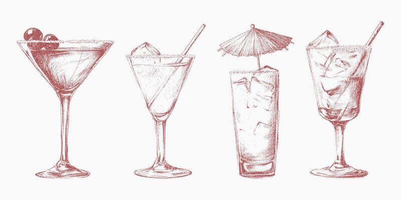 Set of elegant handcrafted Italian style cocktails and aperitivo beverages in retro pop art stipple style. Noisy gritty dot halftone effect on vintage ink sketches.