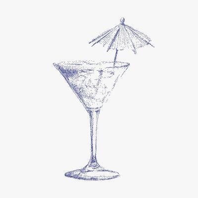 Elegant vintage ink blue sketch of Italian style handcrafted cocktail, aperitivo drink with noisy gritty dot halftone effect and retro pop art stipple texture.