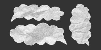 Speech bubble collection made of ripped crumpled paper with dotted gritty texture. Halftone effect and torn notebook-style edges, isolated for banner use. vector