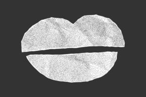 Torn white paper lips with jagged edges and crumpled texture on dark background. Abstract geometric collage sticker with halftone and gritty surface. vector