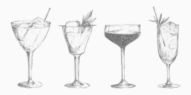 Set of Italian style classic cocktails and drinks in vintage ink sketch with noisy gritty dot halftone effect. Retro pop art stipple for elegant bar banners.