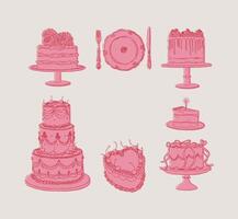 Cake one and two tier collection drawing in vintage style with pink and red on beige background vector