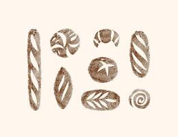 Bread fingerprint collection baguette, sourdough, pumpernickel, rye, long leaf, roll, croissant, whole grain drawing with brown on beige background. vector