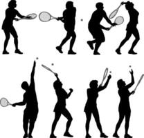 Black set silhouette a female badminton player on white background vector
