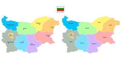 Map set of Bulgaria with division to region on color. With city name and region. Flat design with national flag illustration. vector