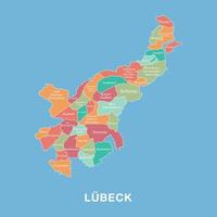 Colorful map City of Lubeck, Germany with labeled administrative districts. Illustration isolated on blue background. Hanseatic medieval charm vector