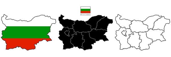 Triple set map of Bulgaria with division to region on color. Flat design with national flag. Outline version on white background illustration. vector