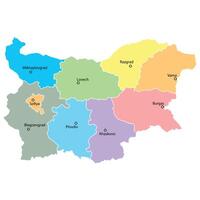 Map of Bulgaria with division to region on color. With city's name in region. Flat design with national flag illustration. vector