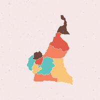 Flat colored Cameroon map. Vintage color. Outline with division to region. Cameroon map isolated on white background illustration map. vector