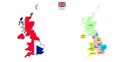 Two flat map of United Kingdom with national flag and colored division to region name. vector