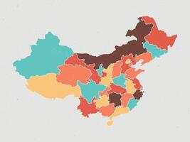Flat colored China map. Vintage color. Outline with division to region. China map isolated on white background. Illustration map. vector