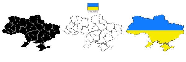 Triple set map of Ukraine with division to region on color. Flat design with national flag. Outline version on white background illustration. vector
