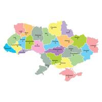 Map of Ukraine with division to region on color. With city's name in region. Flat design with national flag illustration. vector