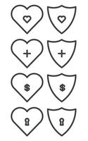 Heart and shield icon set with symbols of heart, health cross, dollar sign, and keyhole. Ideal for concepts of security, healthcare, finance, and protection. vector