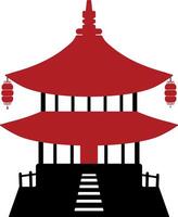 Minimalist red silhouette of a traditional Chinese temple with lanterns on transparent background vector