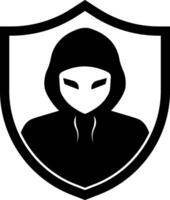 Black and white icon of a hooded man with eyes inside a shield, symbol of controlled anonymous user, cybersecurity, or digital protection. Linear style without background. vector