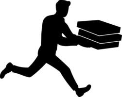 Black silhouette of a running courier holding pizza boxes, fast delivery concept, isolated icon without background, suitable for food service and express shipping themes. vector