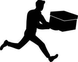 Black silhouette of a running courier holding a package or parcel, express delivery service concept, isolated icon without background for shipping and logistics themes. vector
