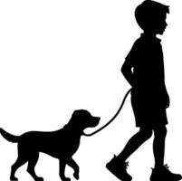 Black silhouette of a boy in shorts walking with a dog on a leash behind him, without background vector