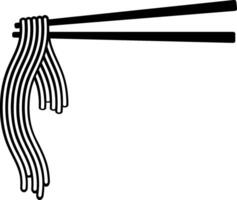 Black illustration of noodles hanging from traditional Chinese chopsticks. Simple silhouette style on transparent background. Ideal for Asian cuisine themes and food design. vector
