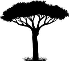 Black silhouette of an African tree with dense foliage and grass at the base. Isolated on white background, ideal for nature, safari, and landscape design themes. vector