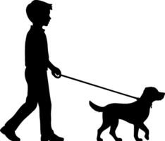 Black silhouette of a boy walking a dog on a leash, without background vector