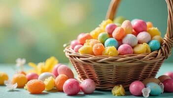 Easter basket with colorful candy eggs on green background photo