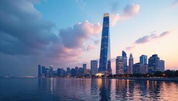 The city skyline of shanghai at dusk photo