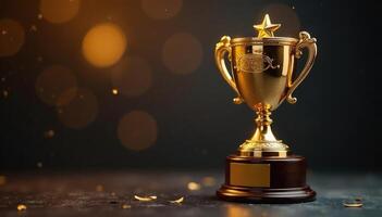 Golden trophy trophy on black background with bokeh effect photo