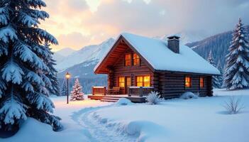A log cabin in the snow with trees and snow photo