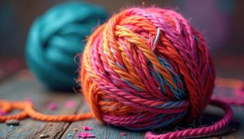 Colorful yarn ball on wooden table photo