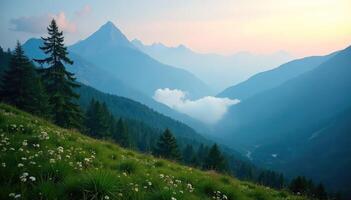 A beautiful view of mountains and trees at sunset photo