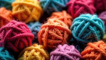 Colorful yarn balls stitched together, decorative craft project , needlework, knitting photo