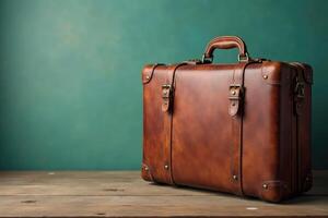 An old brown suitcase on a wooden table photo