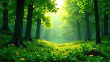 A beautiful forest scene with sun shining through the trees photo