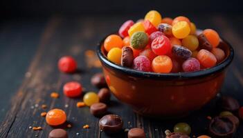 A bowl filled with colorful candies on a wooden table photo