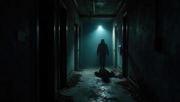 A person standing in a dark hallway with a light shining on them photo