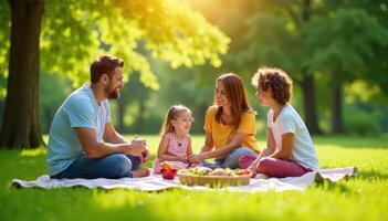 Happy family having picnic in the park photo
