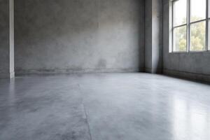 Empty room with concrete floor and large windows photo