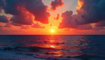 A beautiful sunset over the ocean with clouds photo