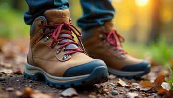Close-up of sturdy hiking boots, laces tied, ready for adventure , boots, all terrain boots photo