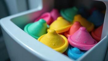 A container filled with colorful plastic toys photo