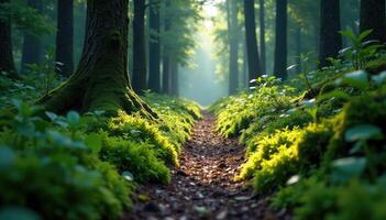 Path in the forest with sunlight shining through the trees photo