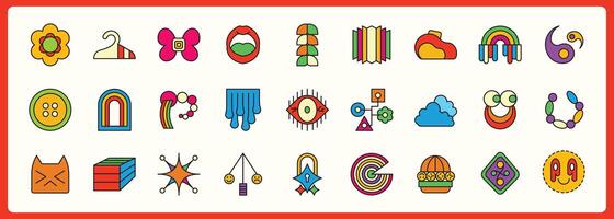 Neon aestethic. Retro elements, user interface, psychedelic greek sculpture, smile, planet, windows, icons in trendy y2k retro style. Illustrations vector